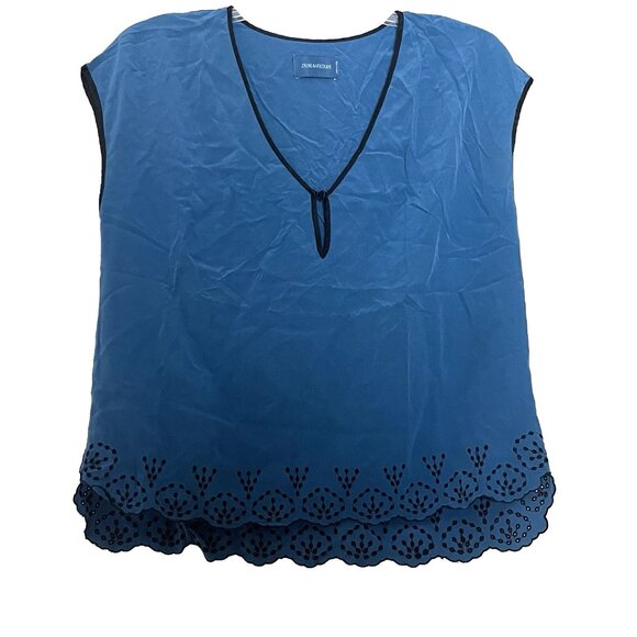 Zadig & Voltaire Blouse Shirt Small V-neck Tapou Silk Teal Blue Scalloped Hem - Picture 1 of 11